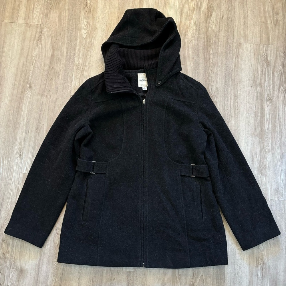 Black Wool Blend Coat Sz Medium Hooded Minimalist Quiet Luxury Capsule Wardrobe